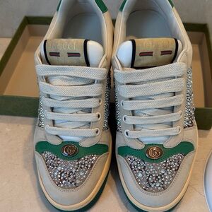 Gucci Women's Crystal-Embellished Green and Cream Sneakers